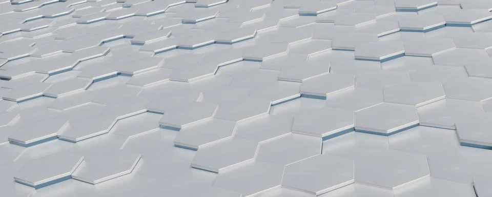3D rendering of gray hexagon tiles with green glowing. Stock Illustration
