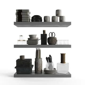 3d rendering of gray shelves presenting a variety of plates, glasses and cups. Stock Illustration