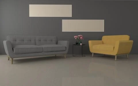 A 3D rendering of a gray sofa and a yellow armchair in a minimalistic room wi Stock Illustration