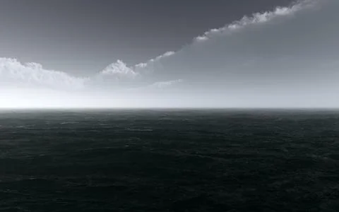3D rendering of a grayscale dystopian empty field with clouds over it Stockillustratie