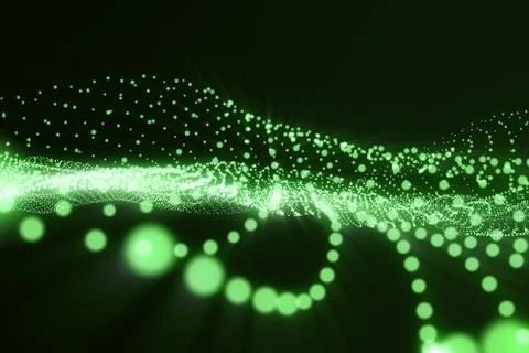 3d rendering green abstract digital wave form on dark background, connecting Stock Illustration