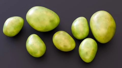 A 3d rendering of green and unripe potatoes in the black background Stock Illustration