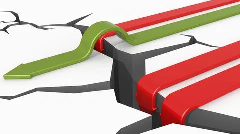 A 3d rendering of a green arrow crossing over the cracked ground while t red  Ilustración de archivo