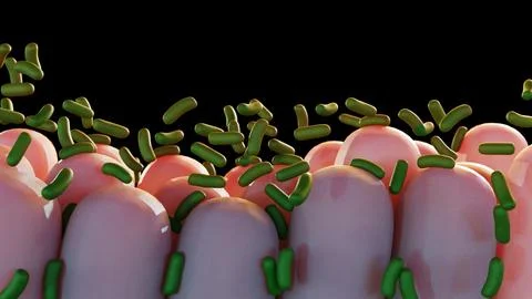 3D rendering of green bacilli bacteria interacting with pink intestinal villi. Stock Illustration
