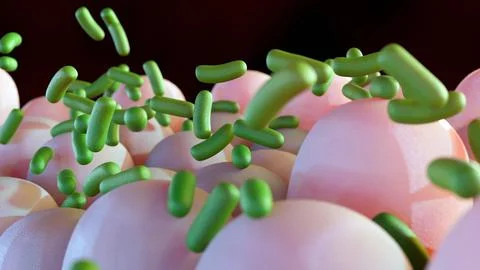 3D rendering of green bacilli bacteria interacting with pink intestinal villi. Stock Illustration