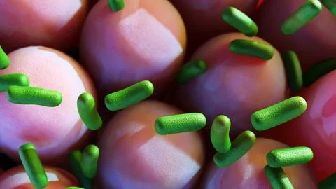 3D rendering of green bacilli bacteria interacting with pink intestinal villi. Stock Illustration