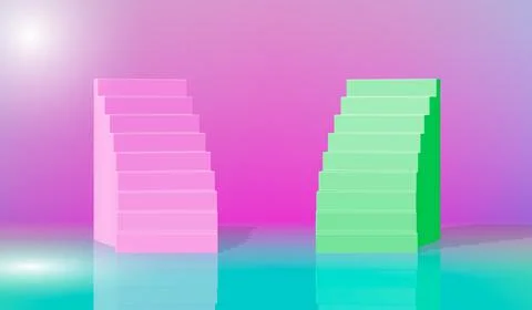 3d rendering, green blue pink stairs, steps, abstract background in arched pa Stock Illustration