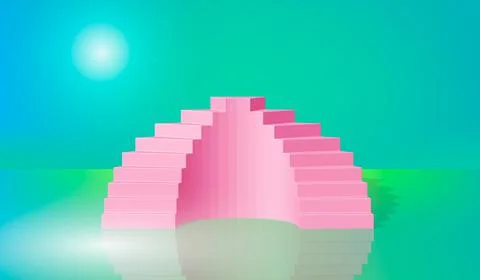 3d rendering, green blue pink stairs, steps, abstract background in arched pa Stock Illustration