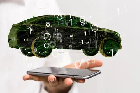 A 3D rendering of a green car with binary code hovering over a smartphone in  写真素材