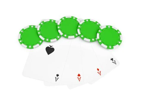 3d rendering of green casino chips with four different ace cards isolated on a Stock Illustration