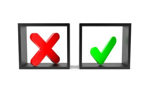3D Rendering of Green Check Mark Tick and Red Cross Sign on Black Frame Stock Photos