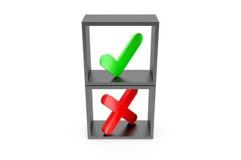 3D Rendering of Green Check Mark Tick and Red Cross Sign on Black Frame Stock Photos