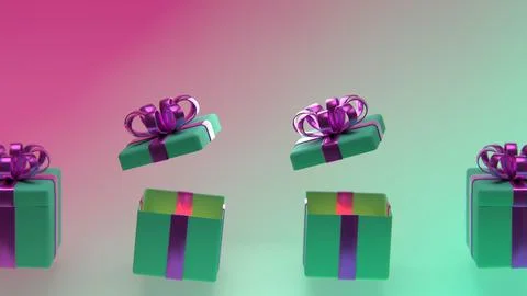 3d rendering of green Christmas gift boxes with purple metallic ribbons in .. Stock Illustration