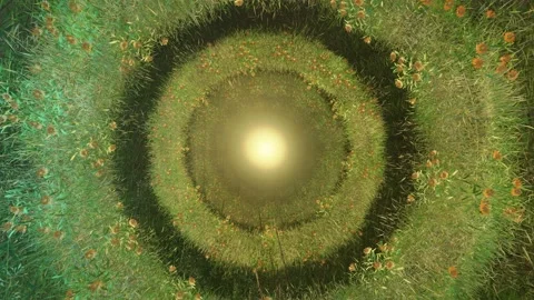 3d rendering of a green circle field with flowers at midnight. Видео 168258534