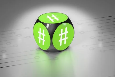 3d rendering of a green cube with signs for hashtag Stock Illustration
