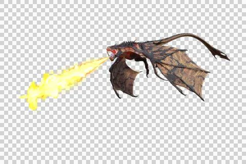 3D rendering of a green dragon or wyvern in flight breathing fire isolated on Stock Illustration