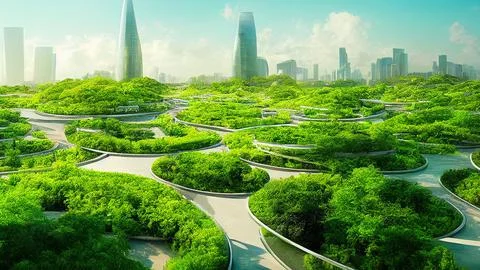 3D rendering of a green eco-futuristic cityscape Ilustración de archivo
