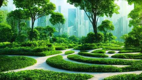 3D rendering of a green eco-futuristic cityscape Ilustración de archivo