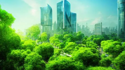 3D rendering of a green eco-futuristic cityscape Ilustración de archivo