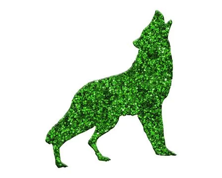 3D rendering of a green glitter howling wolf isolated on white background Illustrazione stock