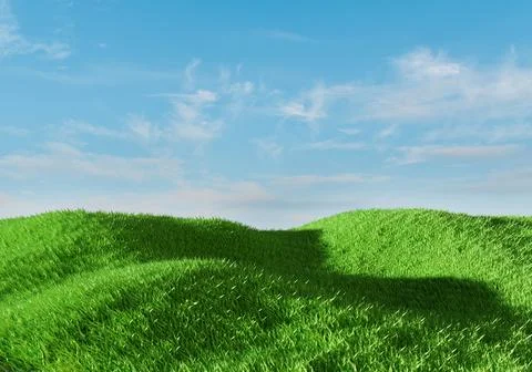 3d rendering. Green grass field over blue sky background. Nature landscape. Illustrazione stock