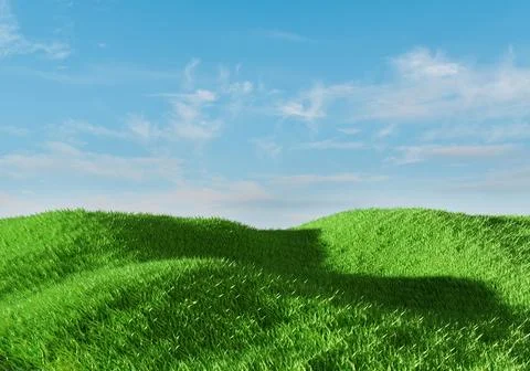 3d rendering. Green grass field over blue sky background. Nature landscape. Fotos Stock