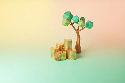 3D Rendering of Green Growth and Investment Concept with Tree and Coins Stock Illustration
