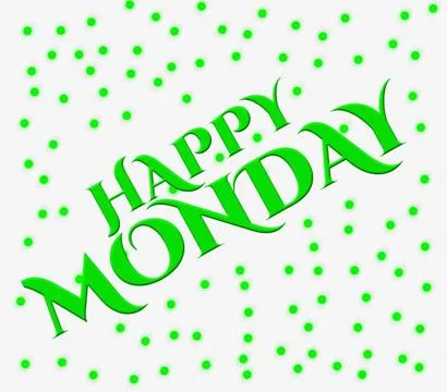 3D rendering green HAPPY MONDAY text with green dots isolated on white back.. 库存插图