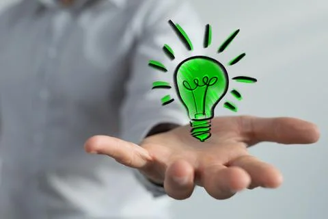 3d rendering of a green lightbulb floating on a a hand standing for innovative Stock Illustration
