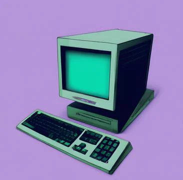 3D rendering of green old computer and keyboard on purple background Stock Illustration