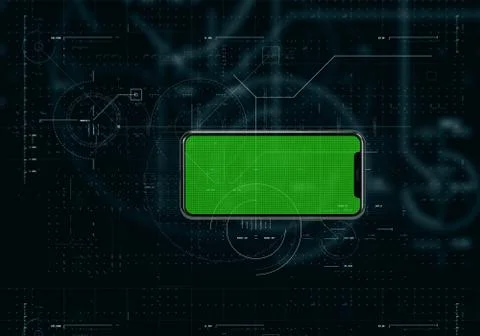 A 3D rendering of a green-screen modern smartphone with a digital abstract te Stock Illustration