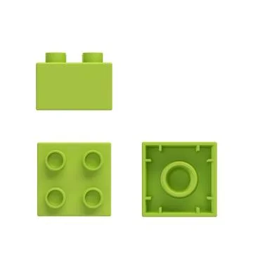 3d rendering of a green toy block shown from side, front and bottom view Stock Illustration