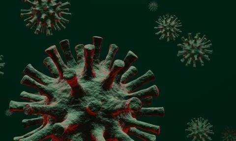 3D rendering of green viruses or germs to represent COVID-19 coronavirus. Stock Illustration