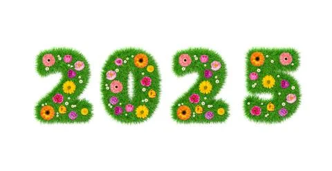 3D rendering green year 2025 made out of grass flowers Stock Illustration