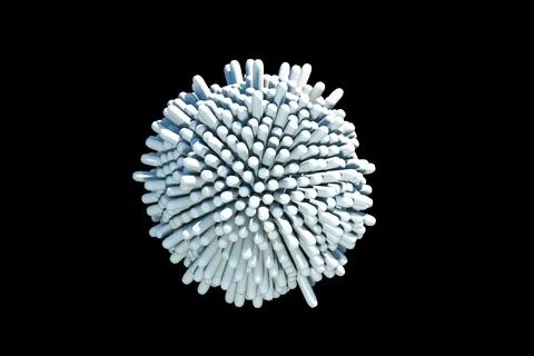 3D rendering of grey ball with not sharp sticks around it on black background. Stock Illustration