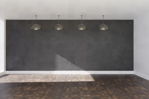3d rendering grey concrete wall with brown laminate flooring and ceiling lamps Stock Illustration