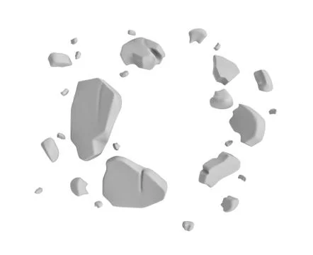 3d rendering of grey pieces of plaster wall hanging in the air on white Stock Illustration