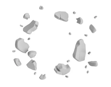 3d rendering of grey pieces of plaster wall hanging in the air on white Stock Illustration