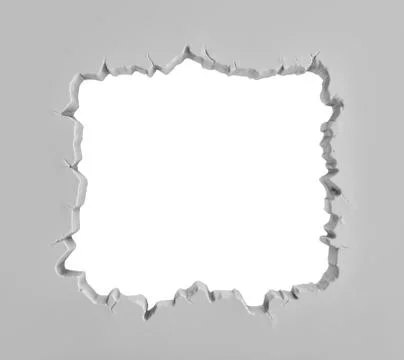 3d rendering of a grey plaster wall with a large square sharp-edged hole in the Stock Illustration