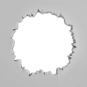 3d rendering of a grey plaster wall with a large round torn hole in the middle Stock Illustration
