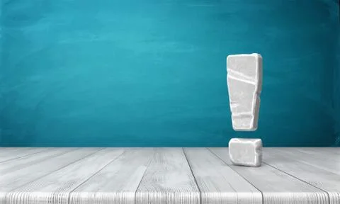 3d rendering of a grey-white exclamation mark made of stone standing on a wooden Stock Illustration