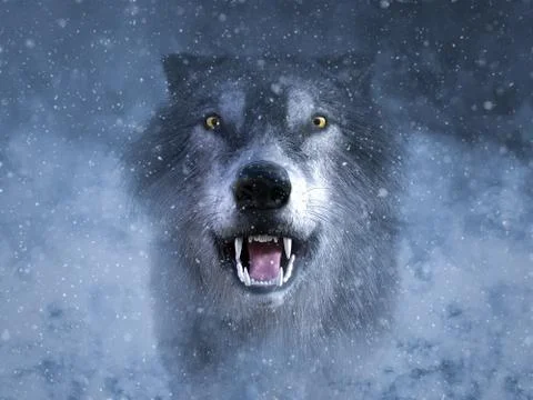 3D rendering of a grey wolf growling in snow. Stock Illustration