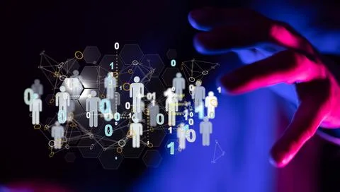 3D rendering of a group of floating people icons on a businessman's hand Stock Illustration