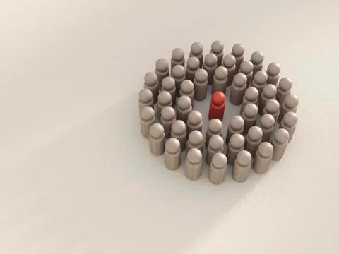 3D rendering of group of game pieces circling red game piece Stock Illustration