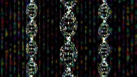 3d rendering group of glittering digital dna helixes or genome structures 4k foo Stock Footage 313036738