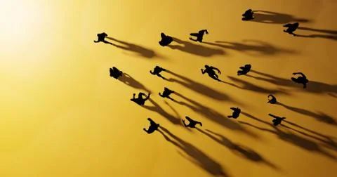 3D rendering of a group of people heading for the top left illuminated corner of Stock Illustration