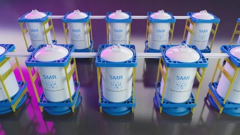 3d rendering group of smr or small modular nuclear reactors power plant on black Stock Footage 328144232