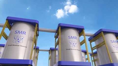 3d rendering group of smr or small modular nuclear reactors power plant with blu Stock Footage 328144235