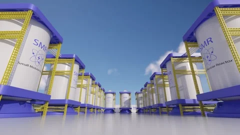 3d rendering group of smr or small modular nuclear reactors with energy storage  Stock Footage 328144239