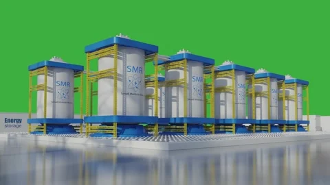 3d rendering group of smr or small modular nuclear reactors with energy storage  Stock Footage 328144241